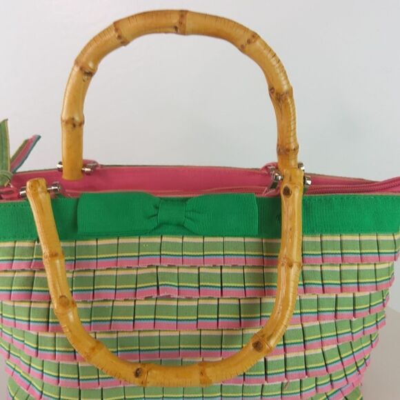 And pink plaid ruffled zip top handbag with faux w - Picture 12 of 17